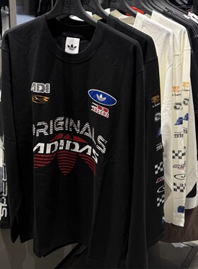 Adidas三叶草 男女运动休闲潮流赛车风宽松长袖T恤 KH1199 KH1200