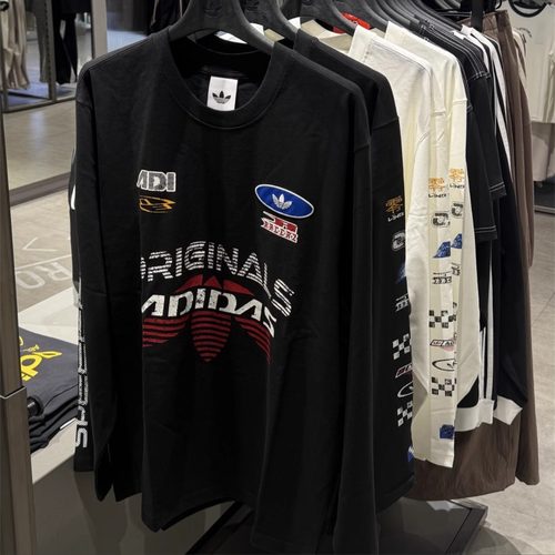 Adidas三叶草 男女运动休闲潮流赛车风宽松长袖T恤 KH1199 KH1200