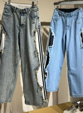 Adidas三叶草 女子运动休闲重制破坏拼接牛仔长裤 KY5192 KY5193