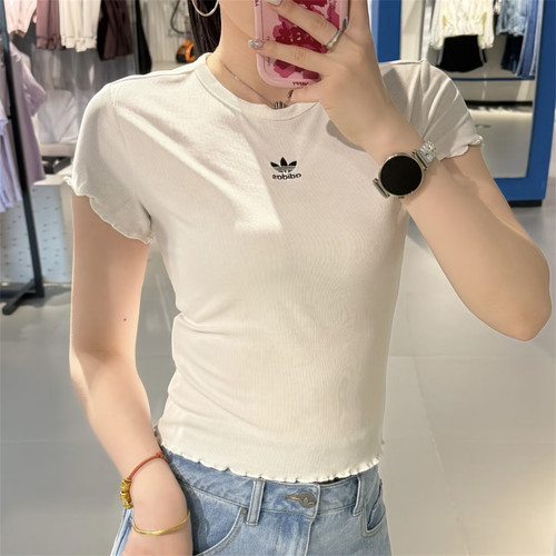 Adidas三叶草 女子运动休闲潮流修身花边短袖T恤 KE1107 KE1108