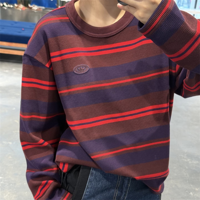 Adidas三叶草 运动休闲潮流华夫格条纹复古长袖T恤 KS6847 KS6849