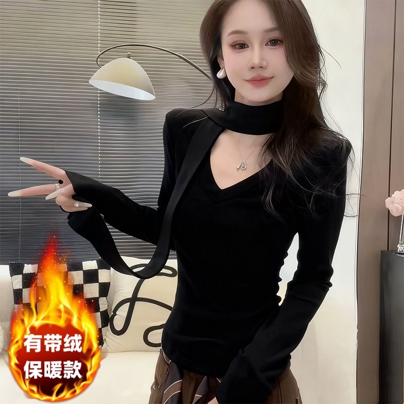 纯欲风高级感V领修身飘带上衣