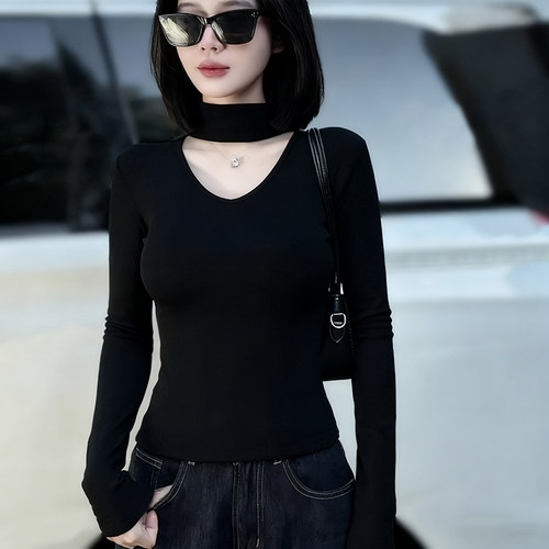 纯欲风设计感半高领缕空挂脖V领上衣女新款高级感修身打底衫内搭