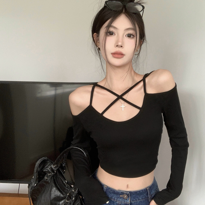 设计感吊带上衣棉女T恤长袖露背