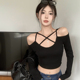 2025年春季 t恤女短款 新款 吊带心机设计感上衣女性感露肩白色长袖