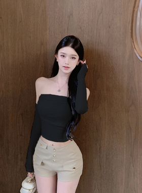 性感辣妹秋季法式气质经典百搭纯色系修身一字肩抹胸长袖显瘦上衣