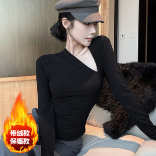 纯欲性感缕空斜领不对称长袖上衣修身收腰时尚辣妹打底衫女百搭