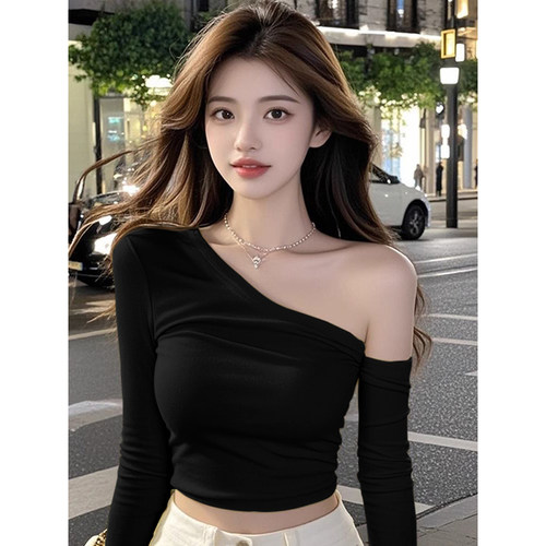 纯欲风性感斜肩长袖T恤女