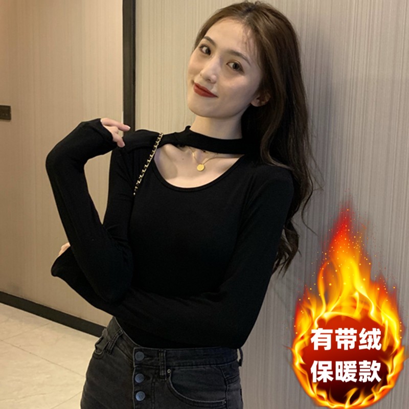 挂脖半高领内搭加厚长袖加绒棉女