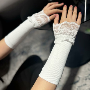 子手臂套 套女针织毛线保暖洋气松紧针织拼接蕾丝花边假袖 秋冬季 袖