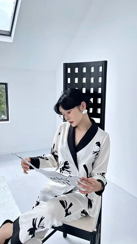 sherlarr秋款水墨印花冰丝睡衣女绸缎仿真丝绸高级感家居服可外穿