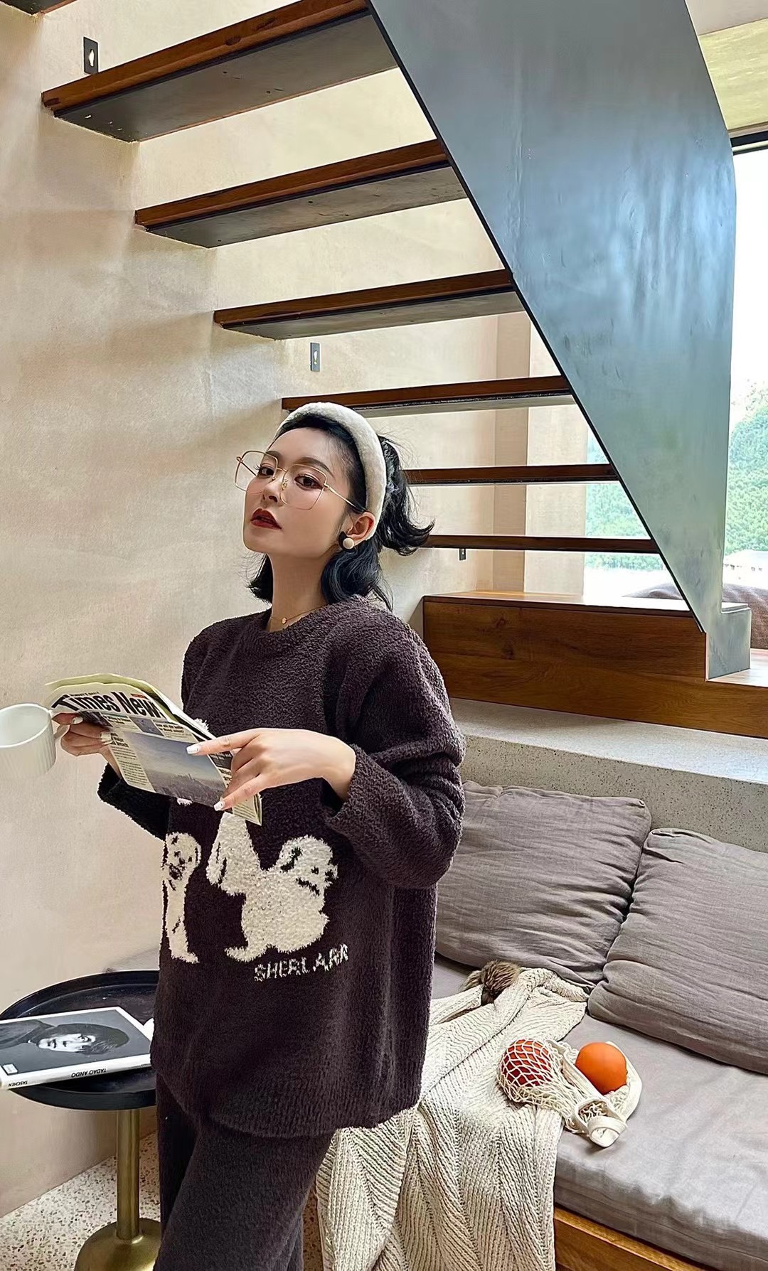 卡通小狗毛衣女冬季新款宽松慵懒风日系软糯睡衣毛织半边绒家居服