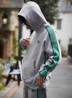 Needles track联名STUDIOUS限定款绿色蝴蝶刺绣套头灰色帽衫卫衣