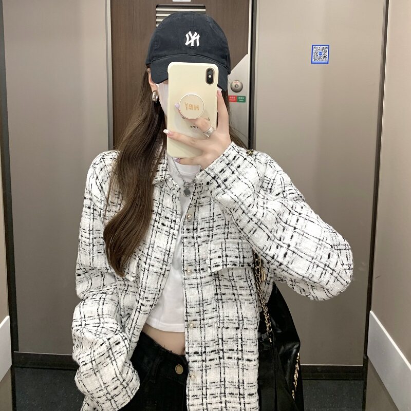 早秋穿搭小香风衬衫外套女宽松慵懒风韩系chic千金感白色格子夹克