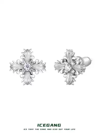 Icegang Thorny Iris Cross Earrings S925 Silver Moissanite Vintage Earrings Unisex Niche Design