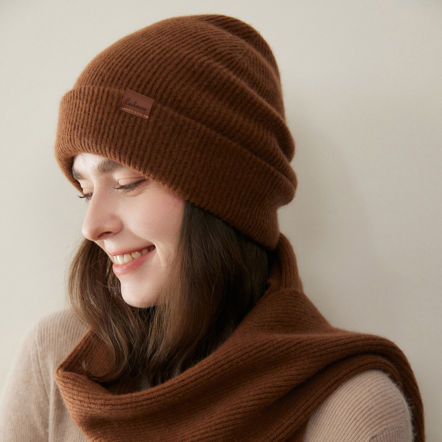 100%小山羊绒帽子女秋冬季保暖加厚护耳灰色针织包头毛线月子冷帽