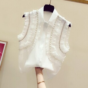 重工钉珠镶钻压褶木耳边翻领无袖雪纺衬衫女2025夏装新款气质衬衣