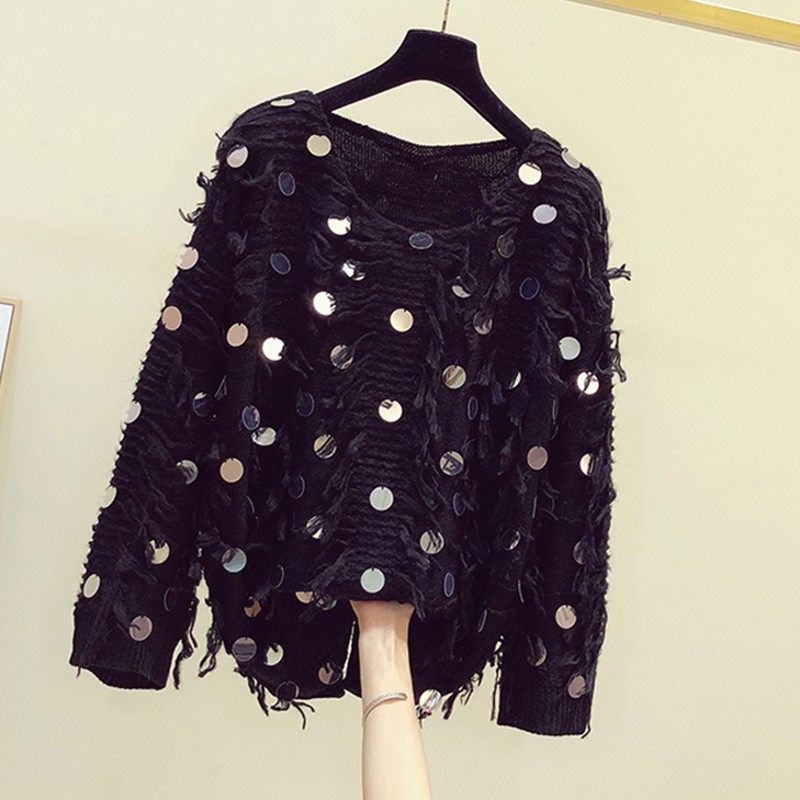 2025秋冬新款手工流苏亮片圆领长袖套头薄款毛衣女宽松针织上衣潮
