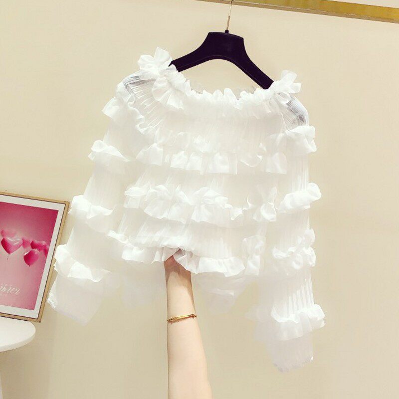 2025春秋新款韩版性感层层木耳边一字领露肩衬衫女休闲洋气衬衣潮