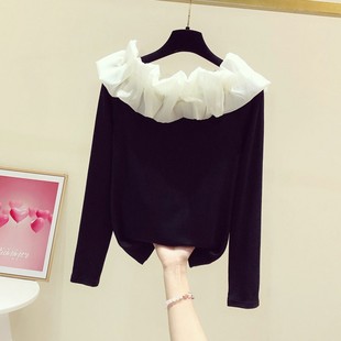 T恤女休闲打底衫 性感撞色木耳边一字领露肩长袖 韩版 2025春秋新款