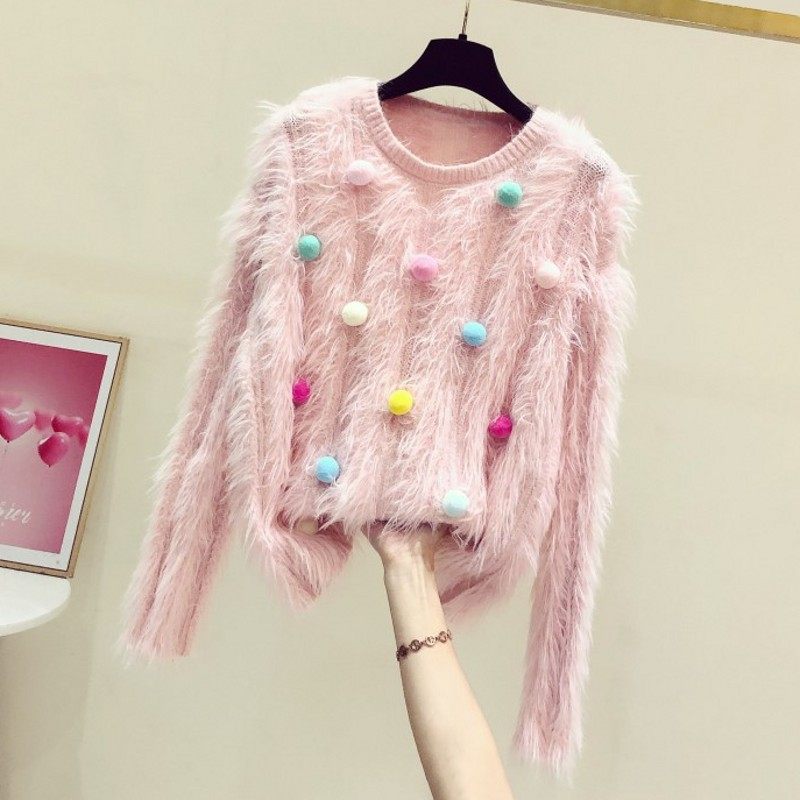 立体彩色小球球装饰圆领甜美貂绒毛针织衫女2025秋冬新款休闲毛衣