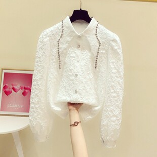 女显瘦名媛暗纹提花镶钻长袖 小众大尖领衬衫 衬衣 韩版 2025春秋新款