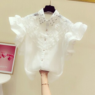 2025夏装新款重工钉珠镶钻立体花朵拼接飞飞袖衬衫女休闲气质衬衣