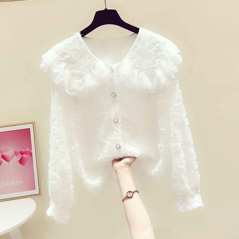 欧货超仙钉珠蕾丝娃娃领长袖单排扣衬衫女2023春秋新款休闲衬衫潮