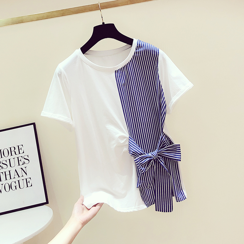 撞色条纹蝴蝶结拼接圆领短袖T恤