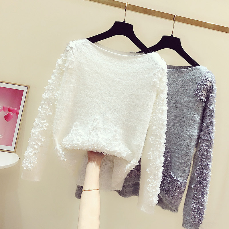 甜美一字领小碎花长袖套头针织衫女2025秋冬新款休闲洋气毛衣上衣