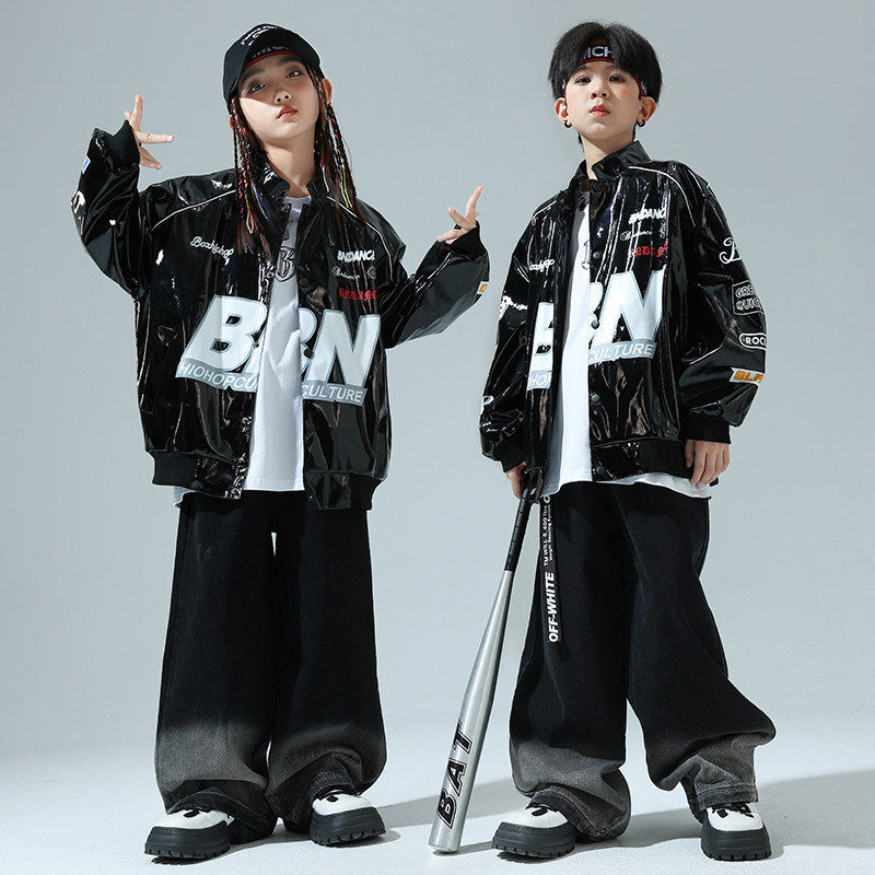 元旦儿童街舞套装少儿美式潮牌亮皮外套走秀男童嘻哈hiphop演出服