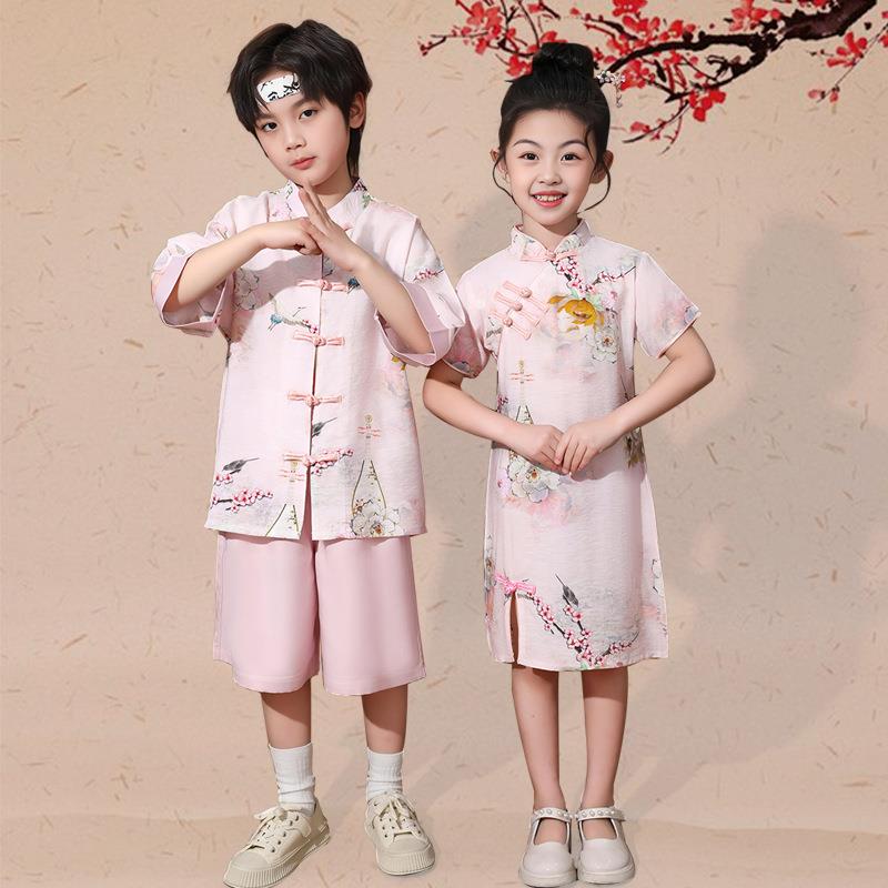 中国中式新旗袍啦啦队小学生女童男童风六一汉服表演演出服运动会