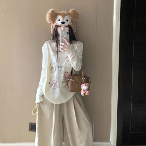 秋季新款精梳棉宽松字母白色长袖t恤女中长款设计感纯棉打底上衣