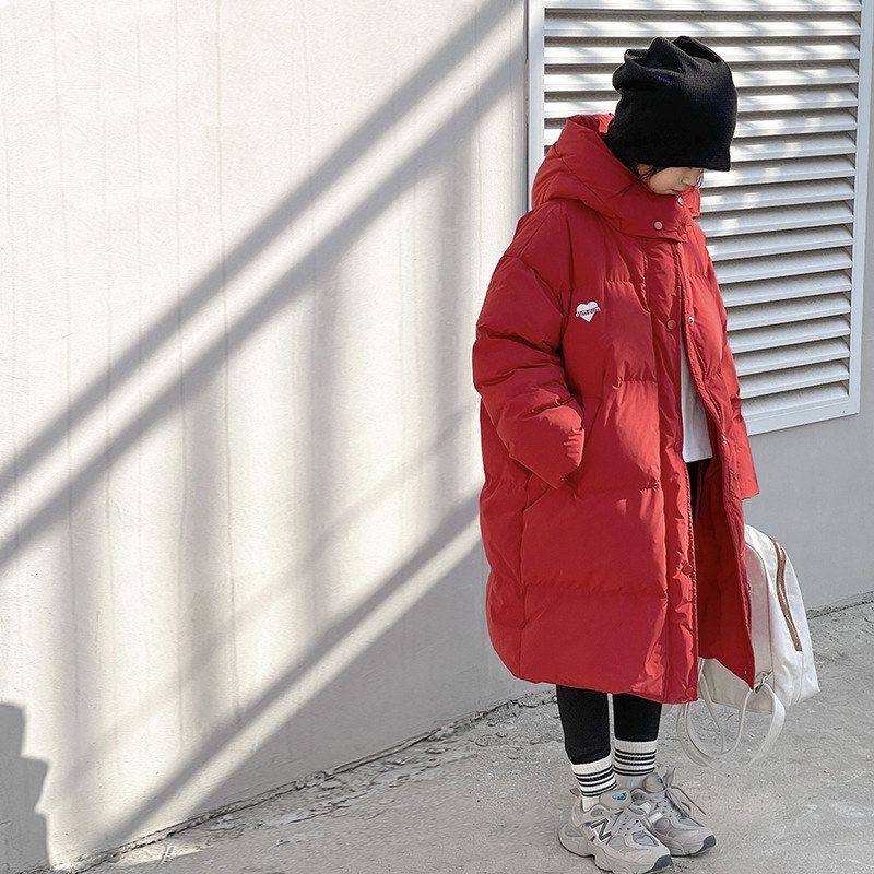 双胞胎童装女童过年红色羽绒服中长款过膝中大童韩版加厚亲子外套