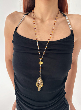 atmshop棕褐色复古民族风水滴流苏吊坠珠串拼接个性长项链毛衣链