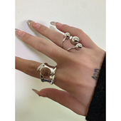 atmshop 宽版 木纹石三颗球金属ins冷淡风百搭叠戴戒指开口可调节