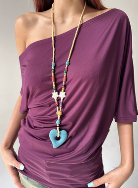 atmshop波西米亚度假海边蓝色爱心撞色火山石珠串民族风长项链