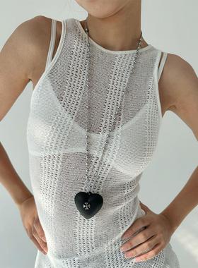 atmshop甜酷朋克黑色立体爱心吊坠仿珍珠长项链ins个性辣妹毛衣链