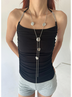 atmshop高级百搭银色圆片流苏长项链简约几何个性ins可抽拉毛衣链