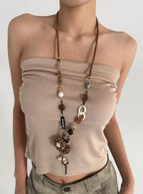 atmshop复古民族花朵吊坠流苏长款项链新中式美拉德珠串毛衣链