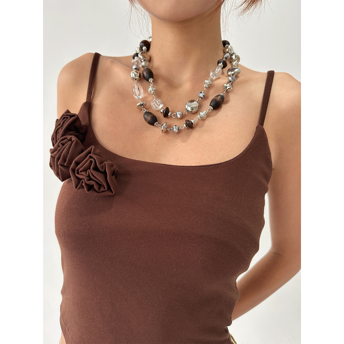 atmshop复古个性时髦异形金属亚克力珠串拼接夸张双层项链锁骨链