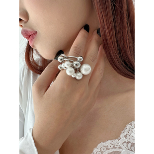 atmshop韩系高级气质仿珍珠多层戒指ins简约百搭食指戒开口可调节