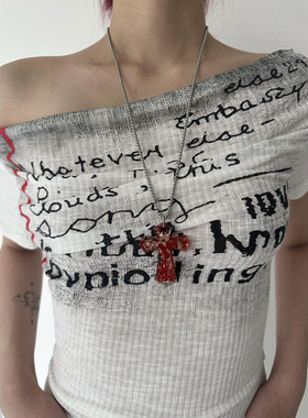 atmshop夸张琉璃洒金十字架吊坠长款项链y2k千禧复古辣妹毛衣链