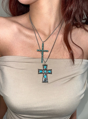 atmshop复古民族做旧仿绿松石十字架吊坠项链高级个性锁骨链叠戴
