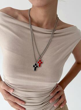 atmshop彩色复古个性百搭辣妹甜酷十字架吊坠高级长款项链毛衣链