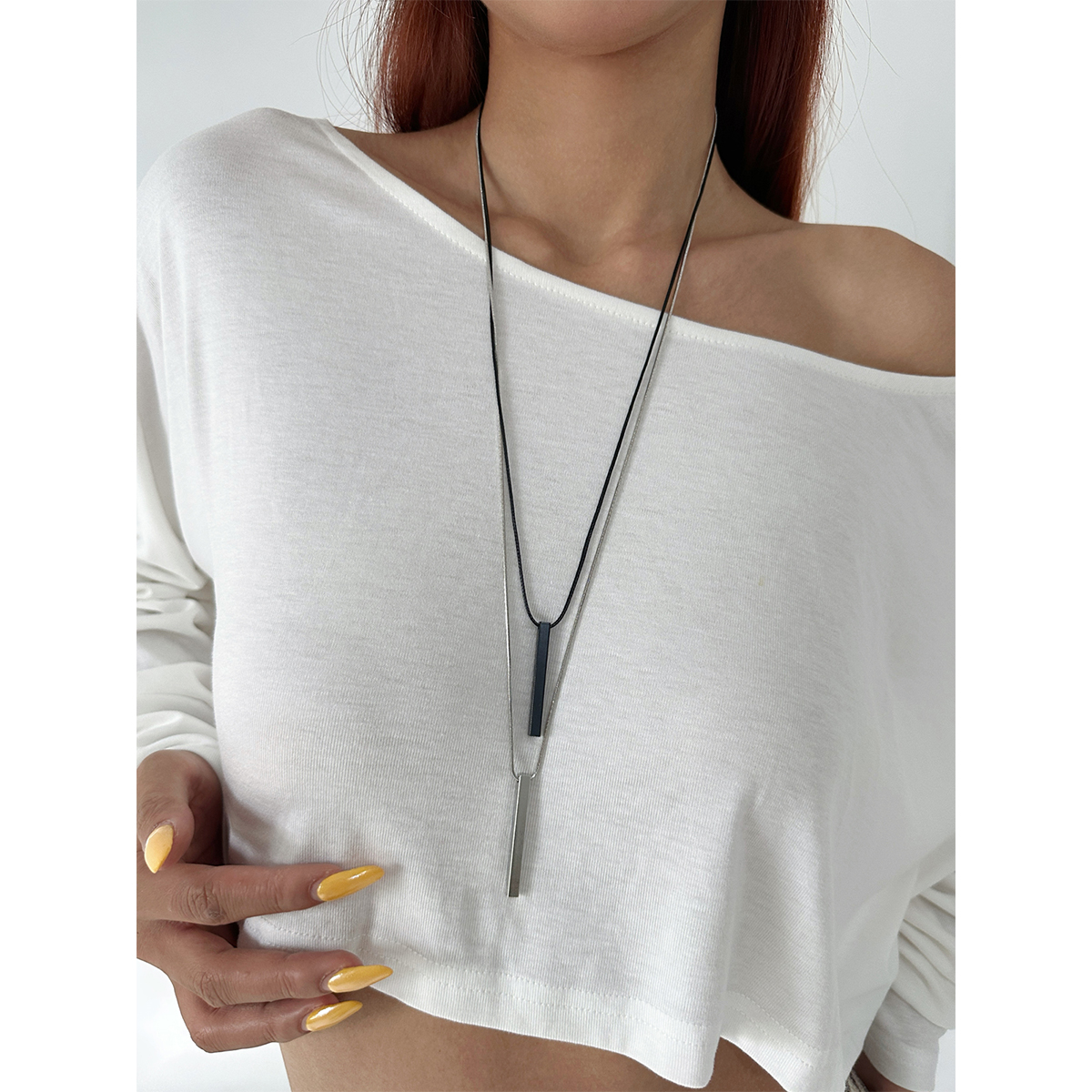 atmshop韩系极简双色几何吊坠双层叠戴长项链高级百搭个性毛衣链