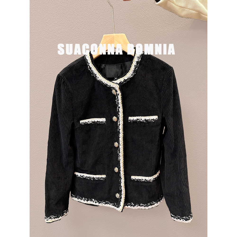 鼎版~加厚棉质圆领灯芯绒黑色欧美风短外套贵妇感开衫纽扣女装