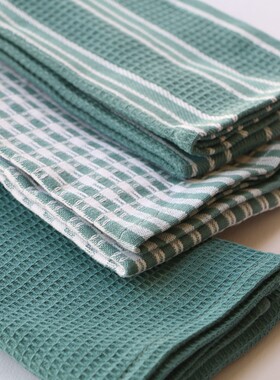 Kitchen towels三条装纯棉茶巾厨房多用毛巾全棉吸水抹布餐桌垫巾