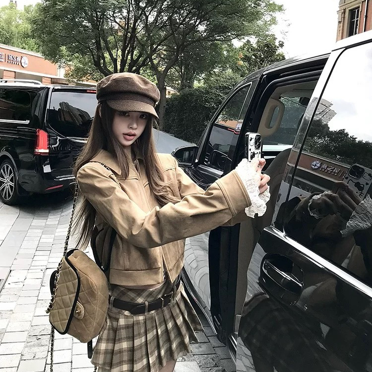 JYZ 新款美拉德麂皮绒复古短外套+a字格纹百褶半身裙套装(配腰带