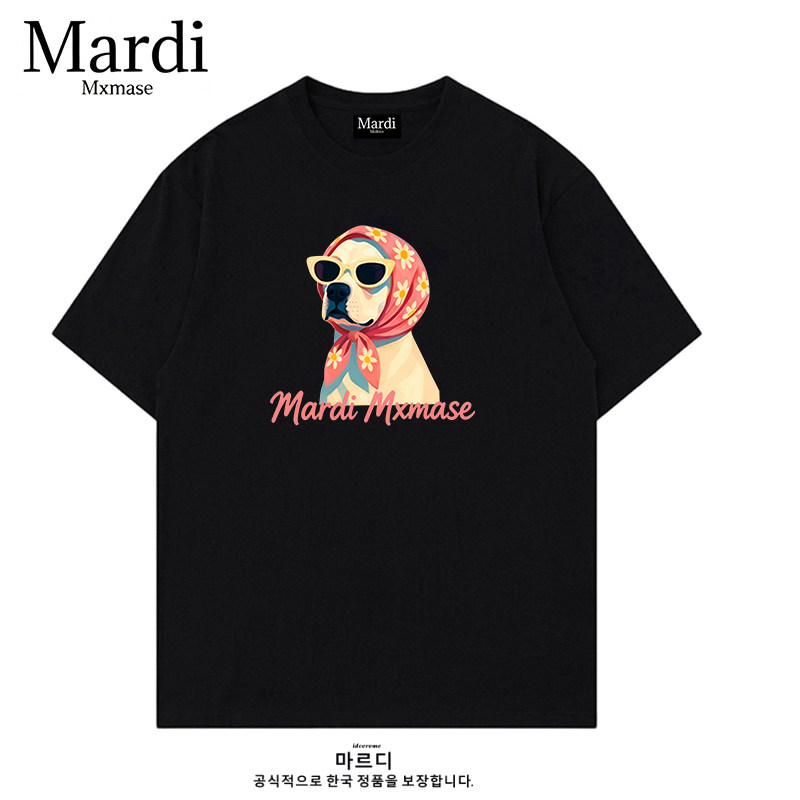 Mardi Mxmase韩国正品卡通狗狗印花短袖T恤女纯棉圆领黑色
